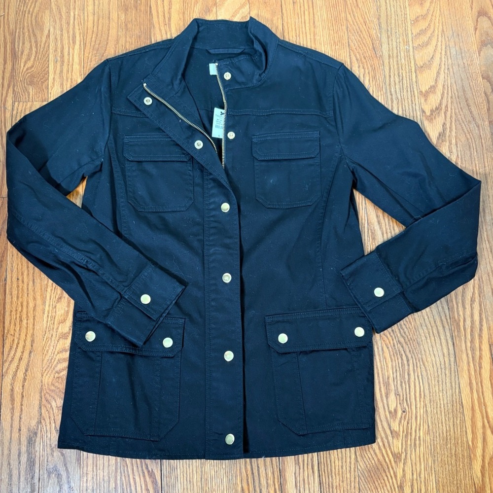 Talbots Black Utility Jacket Gold Buttons Cargo Pockets Zip Front Size 6 NWT